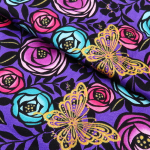 義若オリジナルの鯉口シャツ　ダボシャツ　激安セール 金彩蝶と薔薇アート（紫）